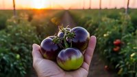 Fresh purple heirloom tomatoes in farmer's hand at sunset in organic vegetable garden. Harvest season concept for healthy eating and sustainable agriculture.