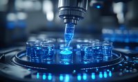 Futuristic laboratory equipment with glowing blue liquid being dispensed into test tubes arranged in circular pattern, advanced scientific research in dark setting.