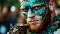 Close up portrait of bearded man with turquoise tribal face paint holding decorated medieval goblet at fantasy festival or cosplay event. Atmospheric fantasy character concept.