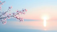 Delicate pink cherry blossoms branch extending over tranquil water at sunrise, soft pastel sky reflects on calm surface creating serene spring atmosphere.