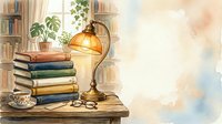 Stacked books with brass reading lamp and potted plant on wooden desk, warm study environment for education and literature themes.