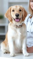 Happy golden retriever dog sitting at veterinary clinic with female veterinarian in white coat background for pet healthcare and medical checkup concepts.