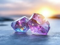 Purple and blue crystal gems on ice surface at sunset, with magical light refraction and ethereal glow creating mystical atmosphere. Natural mineral stones with faceted cuts.
