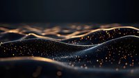 Glowing golden particles flow across dark waves creating dynamic abstract background with bokeh effect and light trails. Suitable for luxury designs.