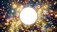 Circular frame with white center surrounded by floating golden and purple bubbles, bokeh lights, and sparkles on dark background, suitable for banner design, social media posts, and promotional graphics.