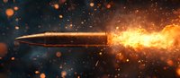 Flying bullet with fire trail and sparks against dark background, dramatic close-up shot capturing motion and explosive force in action scene.