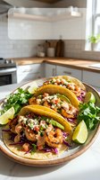 Grilled shrimp tacos with red cabbage, avocado, pico de gallo, crumbled cheese, and chipotle sauce on corn tortillas, garnished with lime and cilantro.