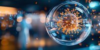 Microscopic virus cell in glass sphere with orange spikes floating on dark blue background with bokeh lights and blurred medical staff silhouette.