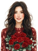 Young woman with freckles and long dark wavy hair smiling warmly while holding bouquet of red roses, wearing burgundy floral dress. Digital art portrait in romantic style.