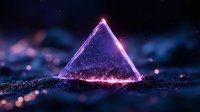 Glowing purple triangle shape with sparkles and particles on dark background creates mystical atmosphere with bokeh light effects and cosmic feel.