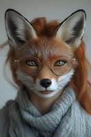 Red fox wearing round glasses and gray knit scarf, close-up portrait with soft lighting against neutral background. Anthropomorphic character with detailed facial features.