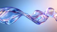 Futuristic transparent wave with glowing 2026 sphere floating in space. Dynamic flowing crystal-like structure with purple and blue gradient effects against soft background.
