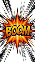 Comic book style BOOM explosion with radiating speed lines and halftone dots on white background for pop art designs and retro graphics.