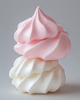 Pink and white soft serve ice cream swirls stacked together on neutral background for dessert and sweet treat designs.