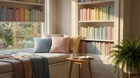 Cozy reading nook with built-in bookshelves, colorful books, comfortable seating and natural light for home library interior design and decor inspiration.
