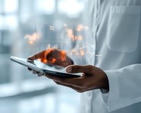 African American hands holding smartphone displaying orange holographic financial charts and market data analysis in modern office setting.