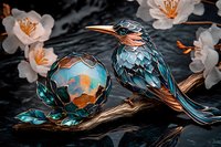 Mystical turquoise bird perched on branch with glowing orb, surrounded by delicate white cherry blossoms against dark background, fantasy art composition.