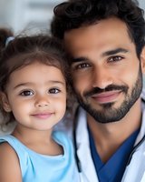 Smiling pediatric doctor with stethoscope holding happy young girl patient during medical checkup in clinic for healthcare and family medicine concepts.