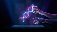 Human hands reaching toward glowing purple and blue energy emerging from laptop screen creating magical digital connection and futuristic technology concept.