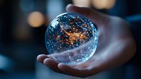 Glowing crystal ball floating over palm shows illuminated world map with network connections against dark background with bokeh lights.