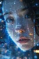 Female face profile overlaid with digital elements, circuit patterns and glowing blue technology effects creating futuristic artificial intelligence concept.