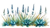 Watercolor botanical composition with blue agave plants and lavender stalks growing among wild grass, creating a serene desert garden scene.