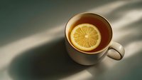 Cup of hot tea with lemon slice on teal background with dramatic shadow play, perfect for wellness and comfort themes.