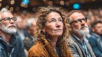 Middle-aged Caucasian woman with curly hair listening attentively at conference or seminar with audience in background. Professional development concept.