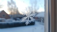 Delicate frost crystal snowflake formation on window glass with blurred winter neighborhood background creates natural seasonal atmosphere.