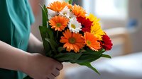 Vibrant gerbera daisies and white chrysanthemums bouquet held by hands in medical setting, featuring orange, yellow and red blooms with green foliage.
