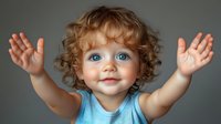 Joyful toddler with curly hair and bright blue eyes raising arms up in excitement against gray background, wearing light blue sleeveless top, expressing pure happiness.