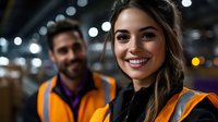 Young Hispanic woman wearing safety vest smiling at warehouse workplace with coworker in background. Industrial setting with bokeh lights and storage area.
