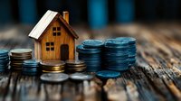 Wooden miniature house with stacks of coins on rustic table, representing real estate investment, mortgage, and property financial planning concept.