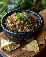 Fresh pico de gallo salsa with diced tomatoes, onions, cilantro in traditional stone molcajete bowl, served with corn tortilla chips on wooden board.