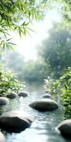 Fresh bamboo leaves frame tranquil stream with smooth stones and floating soap bubbles in sunlit forest setting, creating serene zen atmosphere for spa and wellness designs.