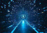 Glowing security shield icon in futuristic digital tunnel with blue light streaks and particles, representing cybersecurity and data protection concept.