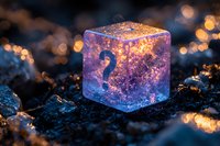 Glowing purple cube with question mark symbol on dark surface with bokeh lights background for mystery and uncertainty concepts.