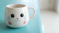 White ceramic cat face mug with cute kawaii expression featuring whiskers, pink nose and rosy cheeks on turquoise surface for kitchen decor and beverage enjoyment.