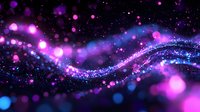 Magical glowing wave with purple and blue bokeh lights against dark background, sparkling particles creating dynamic flowing motion effect for abstract designs.