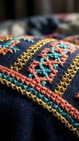 Colorful embroidered textile with intricate cross-stitch patterns in gold, coral and teal threads on dark fabric for traditional crafts and needlework projects.