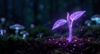 Purple glowing plant seedling emerging from dark soil with magical sparkles and bokeh lights creating fantasy growth concept for environmental themes.
