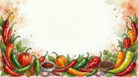 Watercolor border frame with red, yellow, and green chili peppers, spices, and splashes on white background. Isolated design element for cooking, recipe, menu, and food packaging projects.