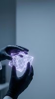 Hands in black gloves holding glowing neon purple network mesh hologram against blue background, representing digital technology, artificial intelligence, and data connectivity for tech innovation concepts.