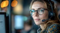 Professional blonde woman wearing glasses and headset working at computer in modern office environment for customer service and support.