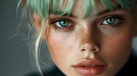 Young woman with mint green hair, freckles and striking green eyes in dramatic close-up portrait showing natural beauty and contemporary style. Soft lighting enhances facial features.