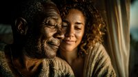 Elderly African American grandfather embracing young mixed-race granddaughter in warm golden light showing intergenerational love and family bonding moment.