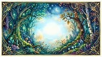 Enchanted forest clearing at night with glowing moonlight, stars, mushrooms, and ornate golden border in watercolor fantasy style.