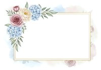 Watercolor floral frame with roses and hydrangeas in soft pink and blue tones, featuring gold border and blank space for text or invitations.