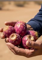 Hands holding fresh purple prickly pear cactus fruits in desert setting, showcasing organic produce harvesting and agriculture.