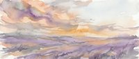 Watercolor landscape painting with purple lavender fields under dramatic cloudy sky at sunset, soft brushstrokes creating dreamy atmospheric scene for home decor.